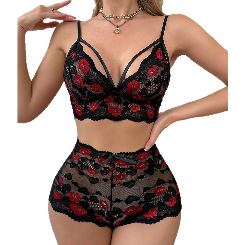 Babydoll Lingerie Set Red Lips - Sheer Mesh Bra 评论和价格