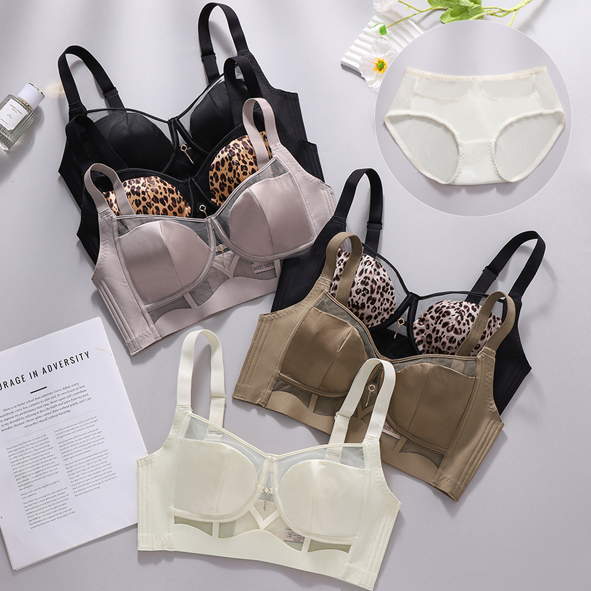 Leopard Lace Rims-Free Bra Set - Cotton Bra Everyday 评论和价格