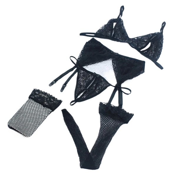 Lace Women Lingerie Set 4 Pcs  - Sheer Mesh Bra 评论和价格