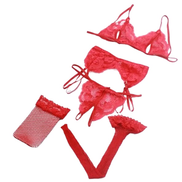 Lace Women Lingerie Set 4 Pcs  - Sheer Mesh Bra 评论和价格