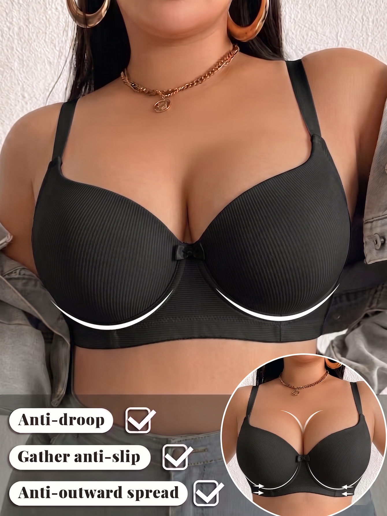 Plus Size Ribbed Women Bra Thi - Underwire Bra Padded 评论和价格